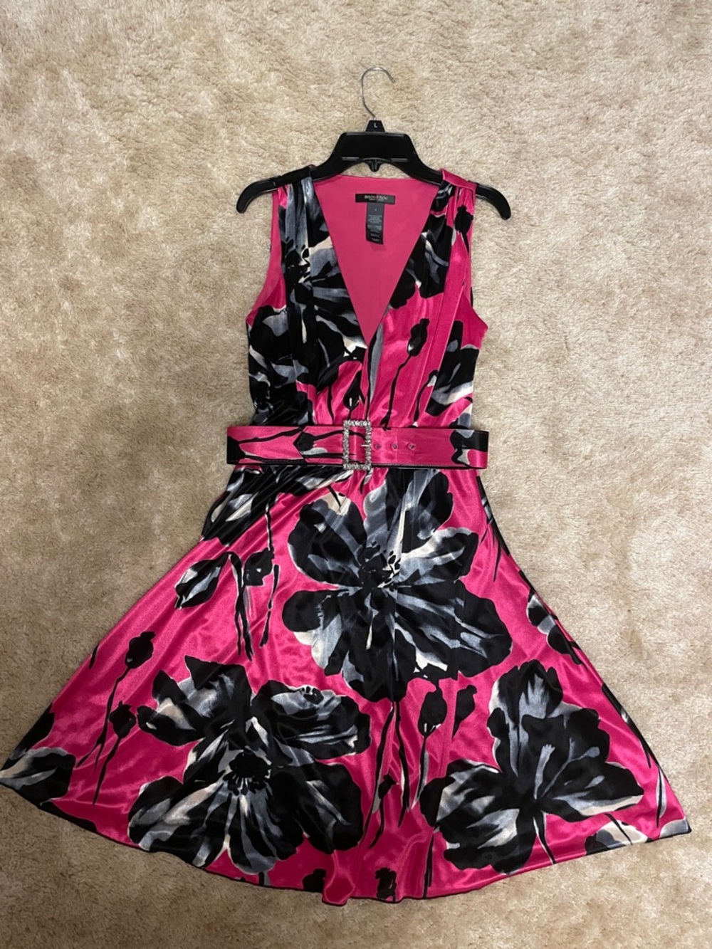 Bisou Bisou Pink Floral Belted V-Neck Fit-and-Flare Dress
